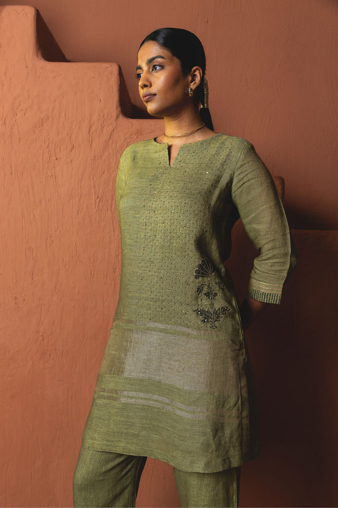 Olive Copper Zari Linen Set