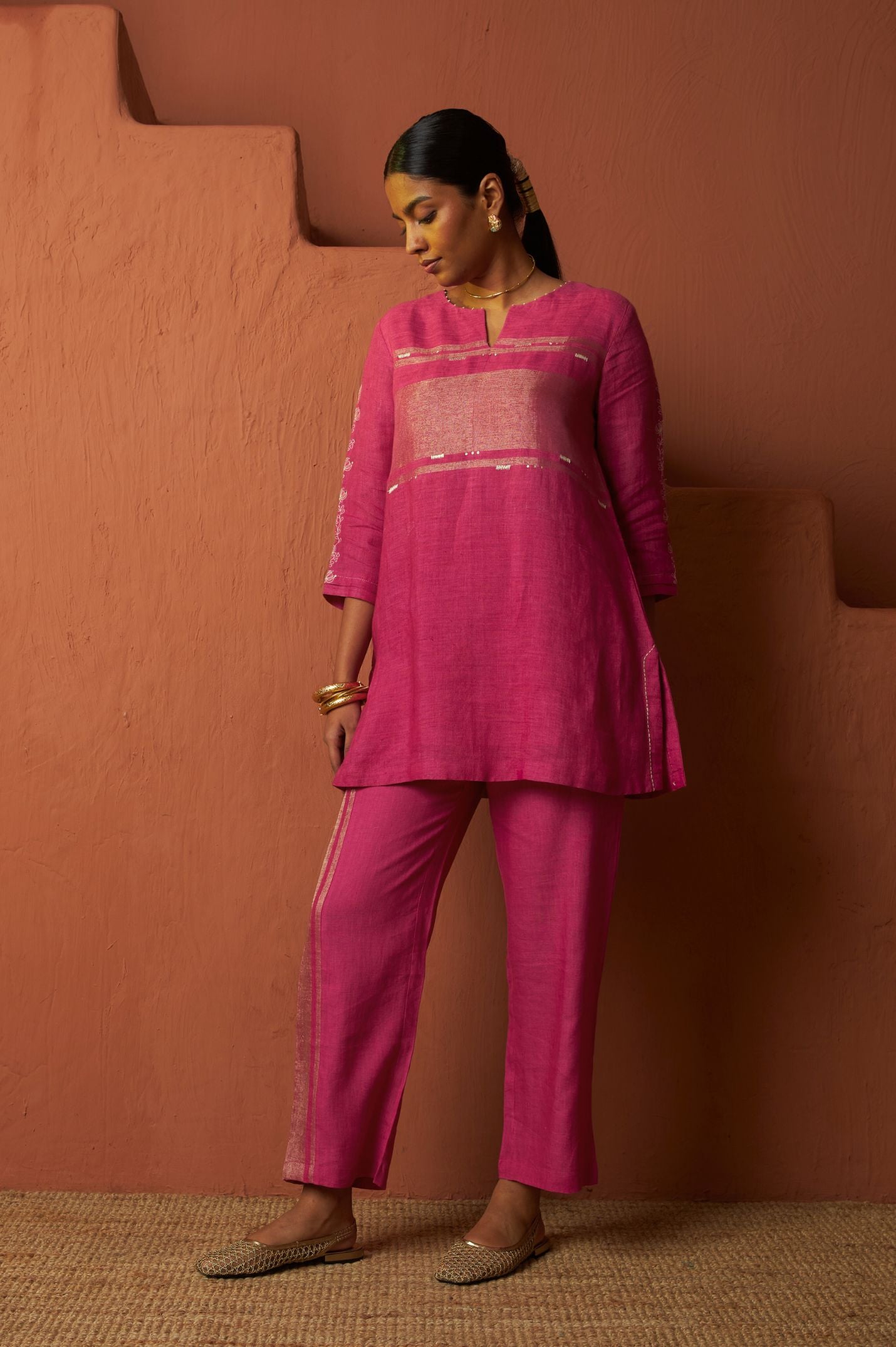 Copper Zari Linen Kurta Set with Handwork | Oregano