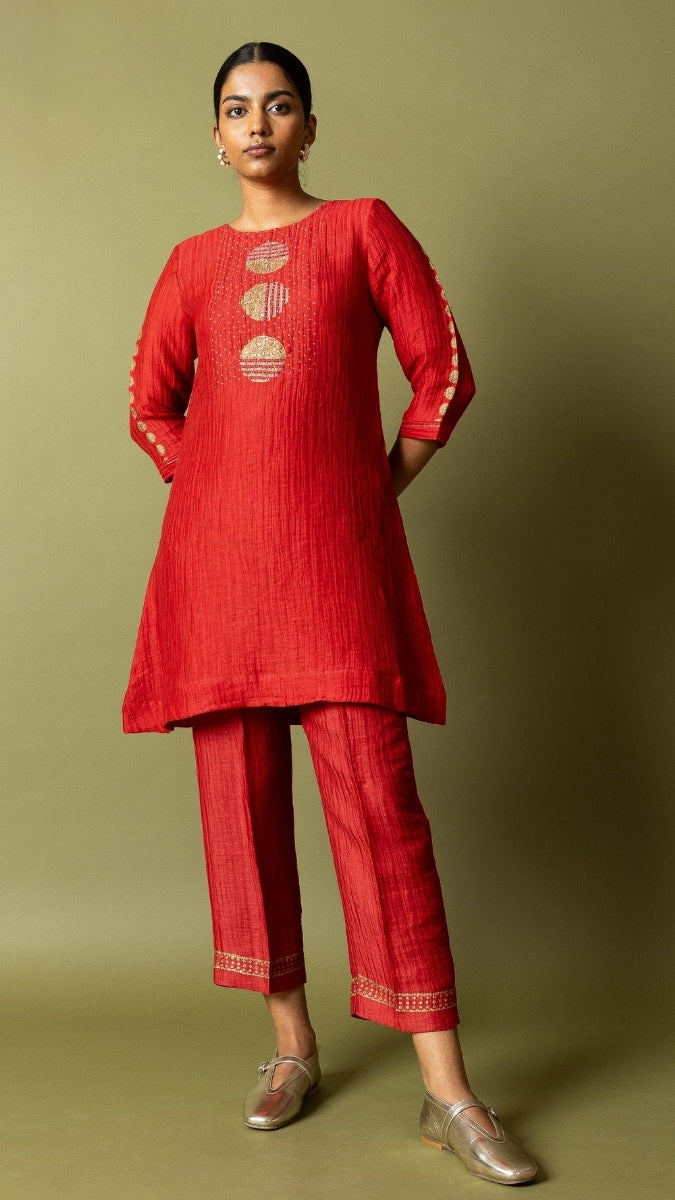 Red Textured Silk Linen Block and handwork Set | Oregano