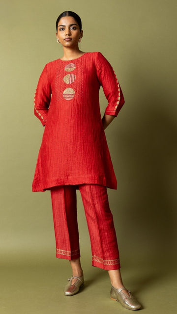 Red Textured Silk Linen Block and handwork Set | Oregano