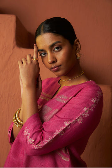 Copper Zari Linen kurta Set with Handwork | Oregano
