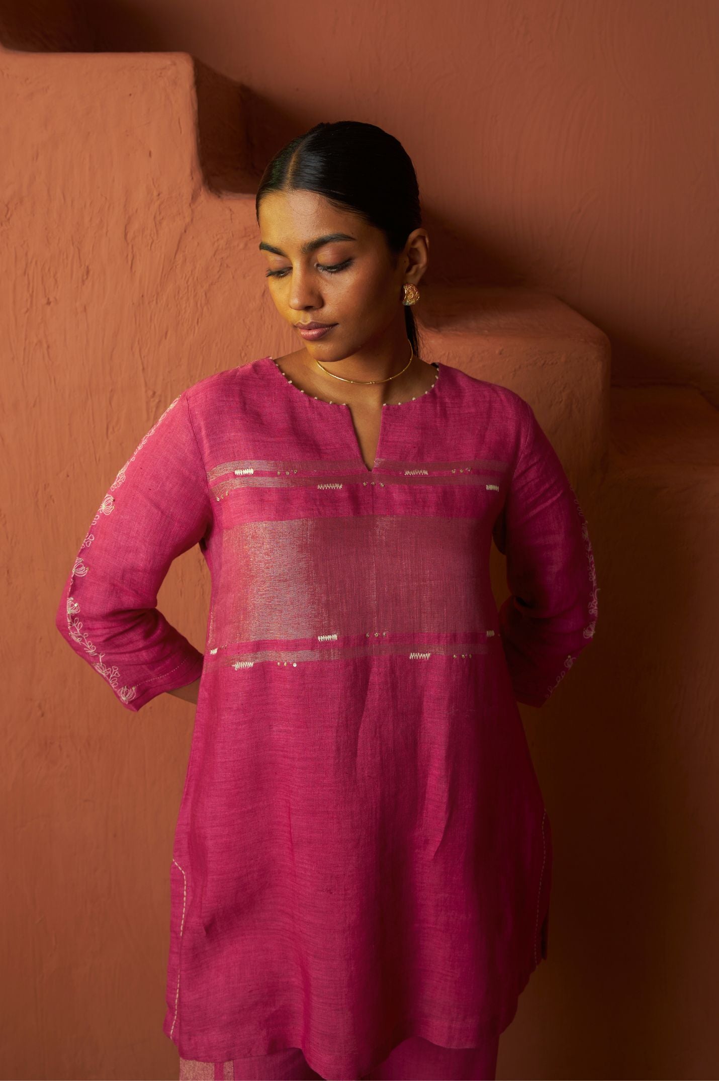Copper Zari Linen kurta Set with Handwork | Oregano
