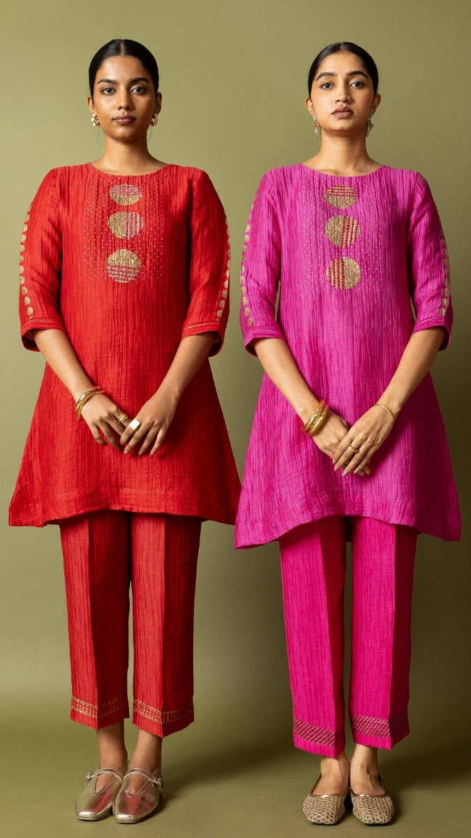Pink Textured Silk Linen Block and handwork Set