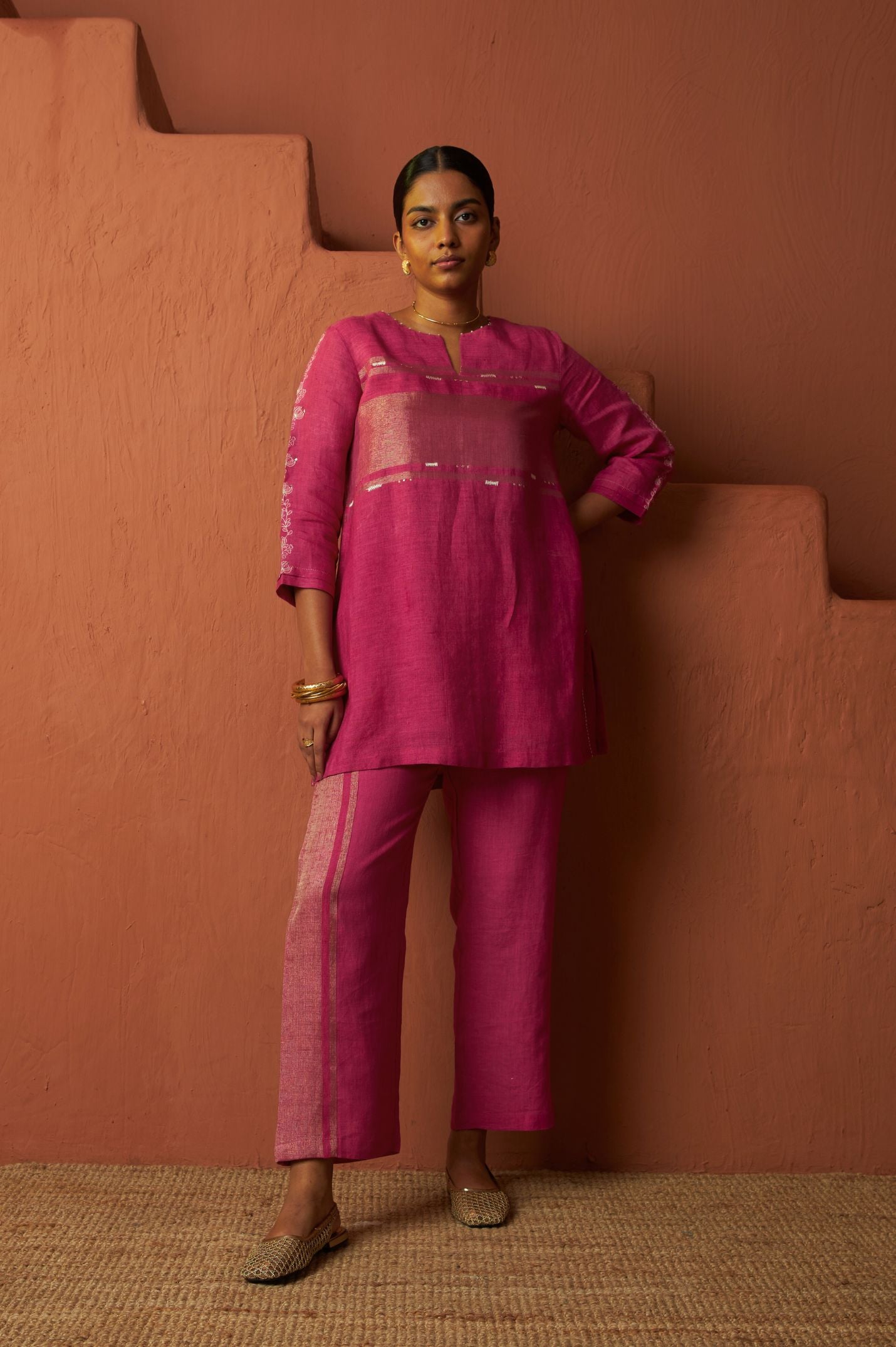Pink Copper Zari Linen kurta Set with Handwork | Oregano