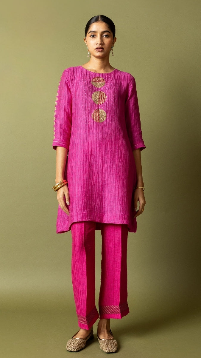 Pink Textured Silk Linen Block and handwork Set