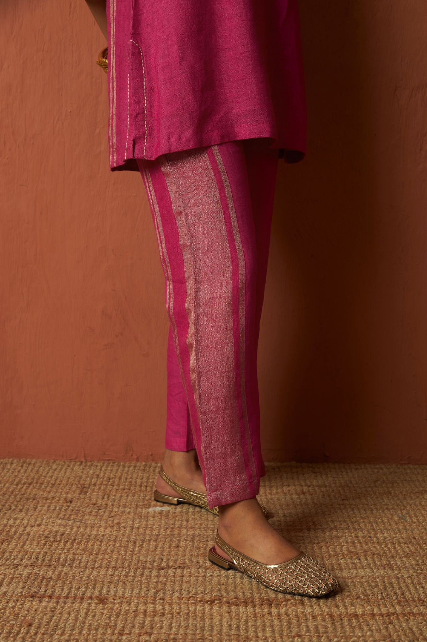 Copper Zari Linen kurta Set with Handwork | Oregano