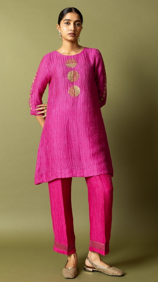 Pink Textured Silk Linen Block and handwork Set | Oregano