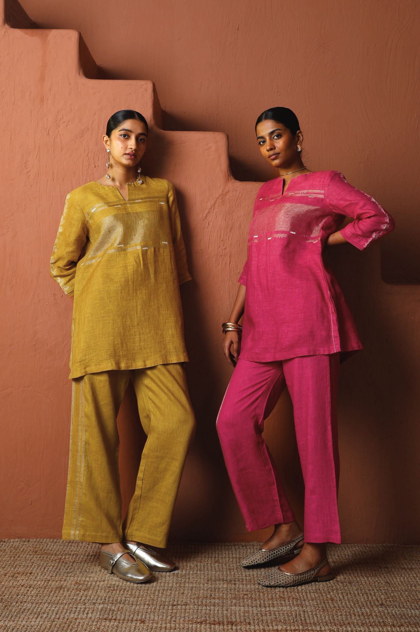 Copper Zari Linen Kurta Set with Handwork | Oregano