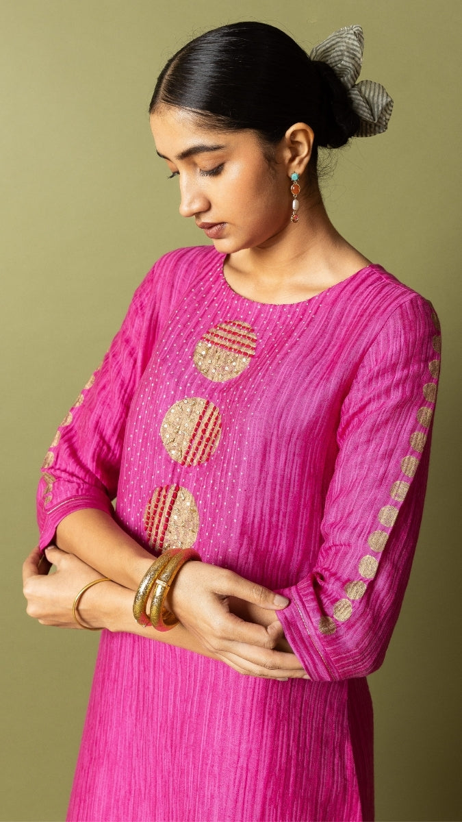 Pink Textured Silk Linen Block and handwork Set