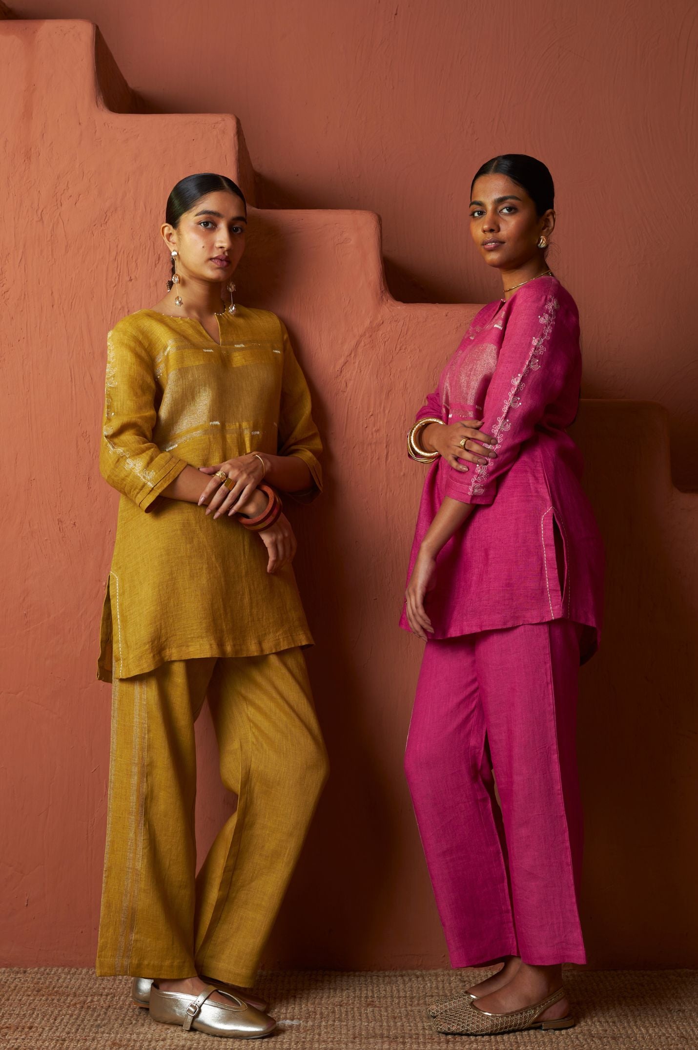 Copper Zari Linen Kurta Set with Handwork | Oregano