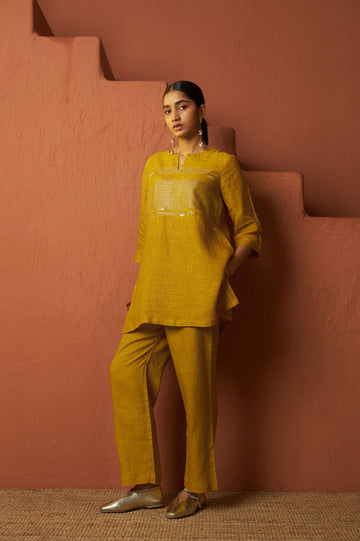 Musturd Copper Zari Linen Kurta Set with Handwork | Oregano