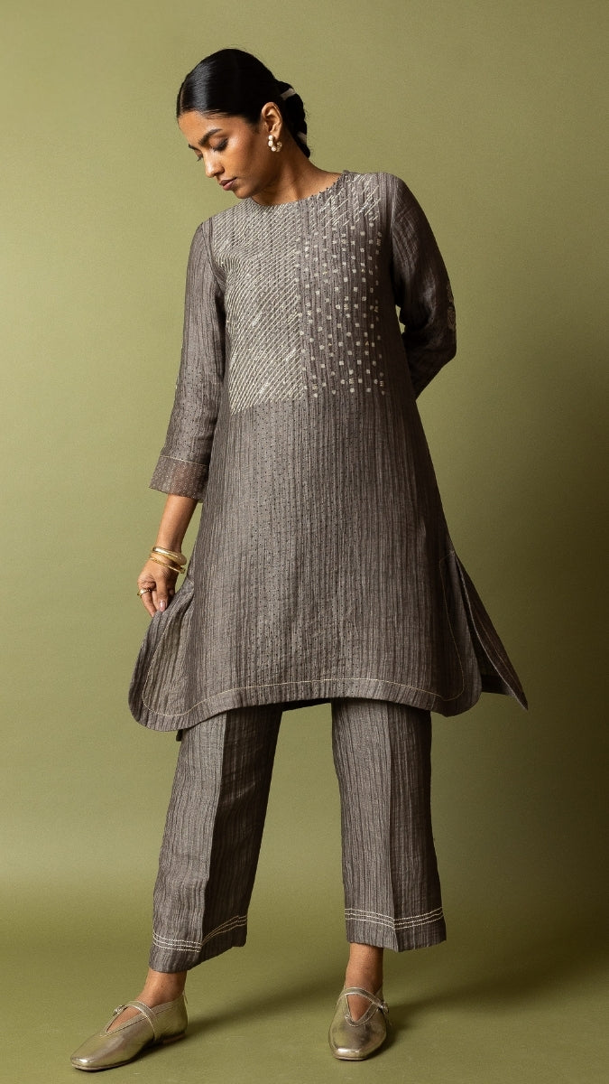 Beige Textured Silk Linen Set with Block