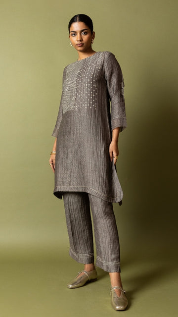 Grey Textured Silk Linen Set with Block