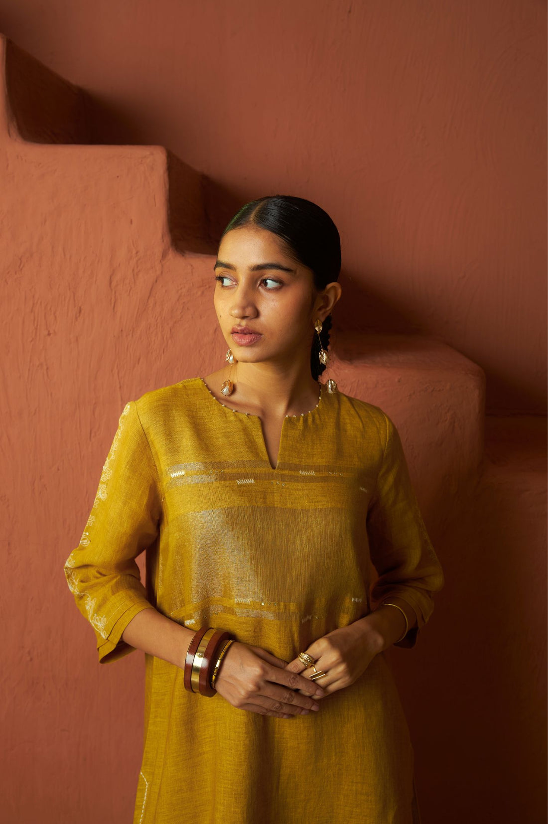 Copper Zari Linen Kurta Set with Handwork