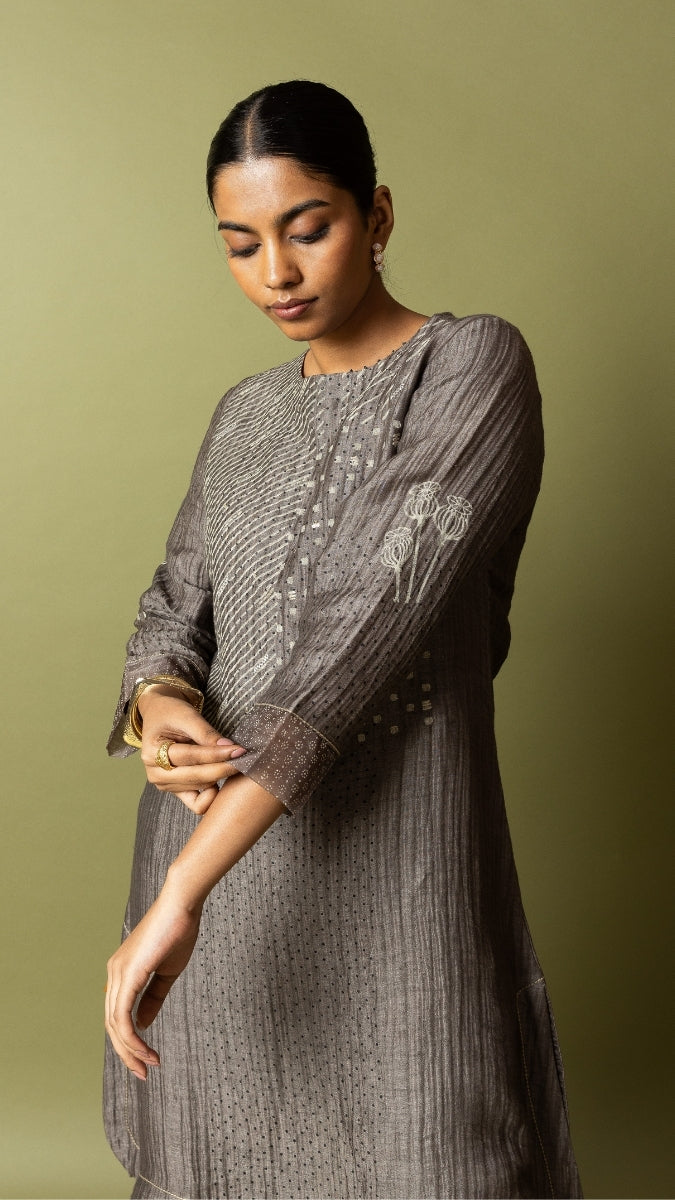 Beige Textured Silk Linen Set with Block