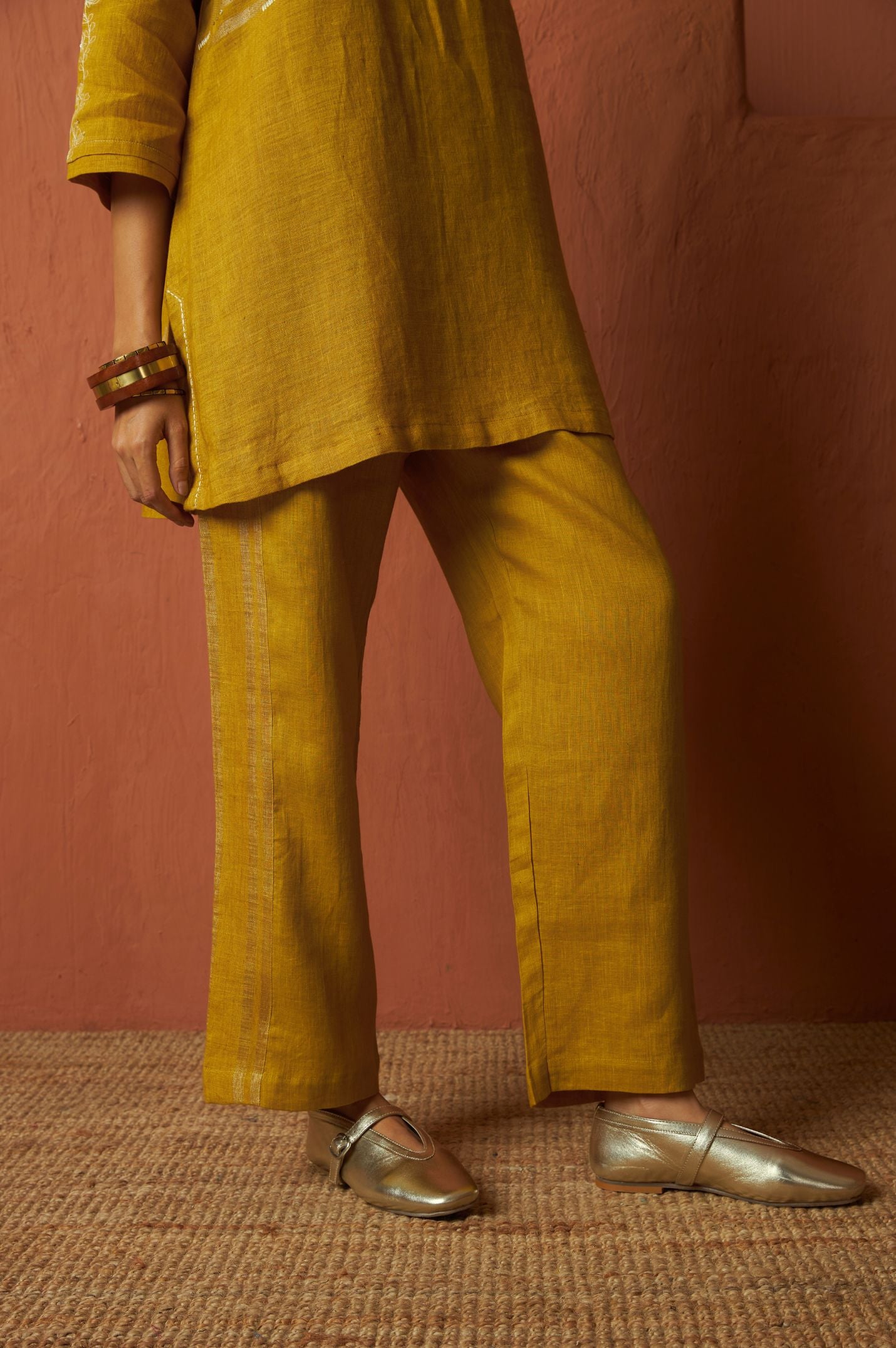 Copper Zari Linen Kurta Set with Handwork | Oregano