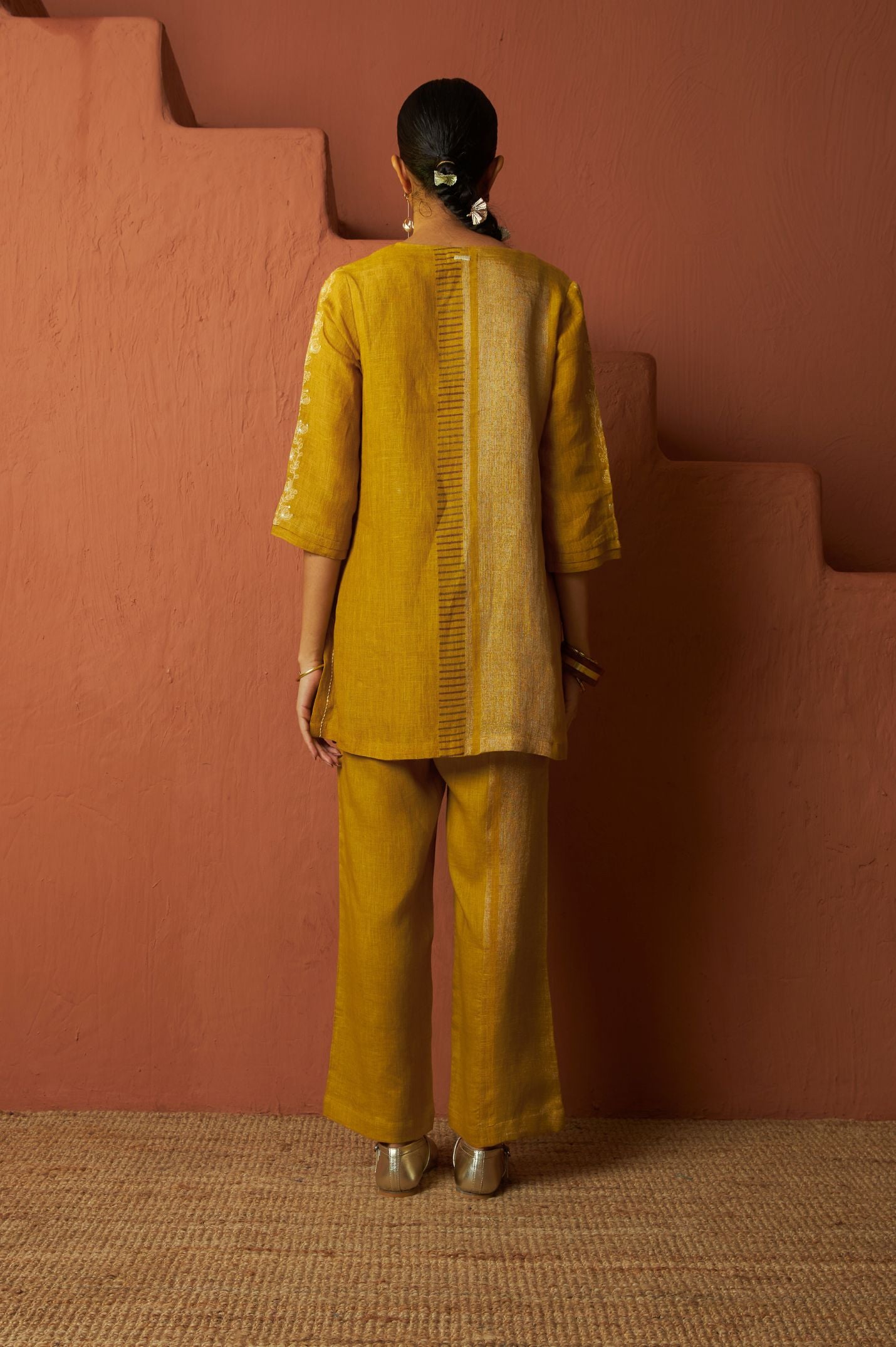 Copper Zari Linen kurta Set with Handwork