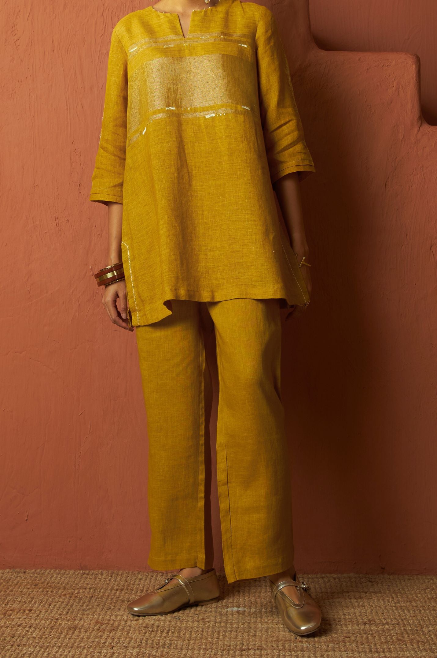 Copper Zari Linen Kurta Set with Handwork | Oregano