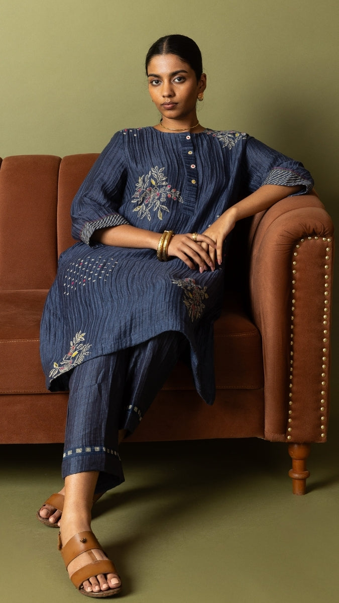 Navy Textured Silk Linen Block and Embroidery Set