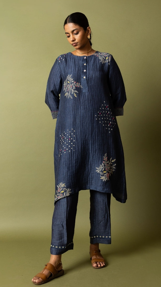 Navy Textured Silk Linen Block and Embroidery Set