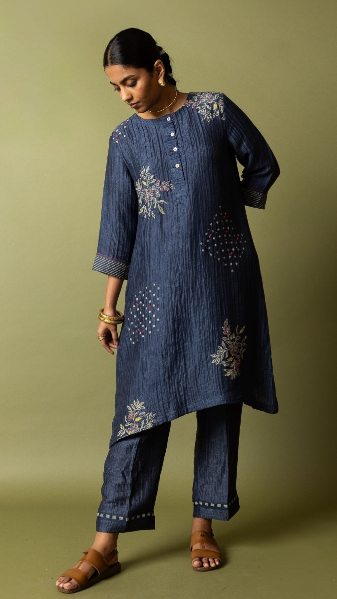 Navy Textured Silk Linen Block and Embroidery Set