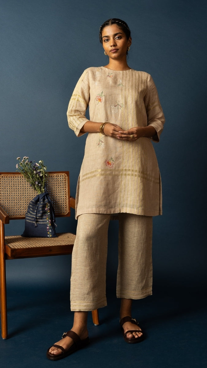Beige Linen Zari Set