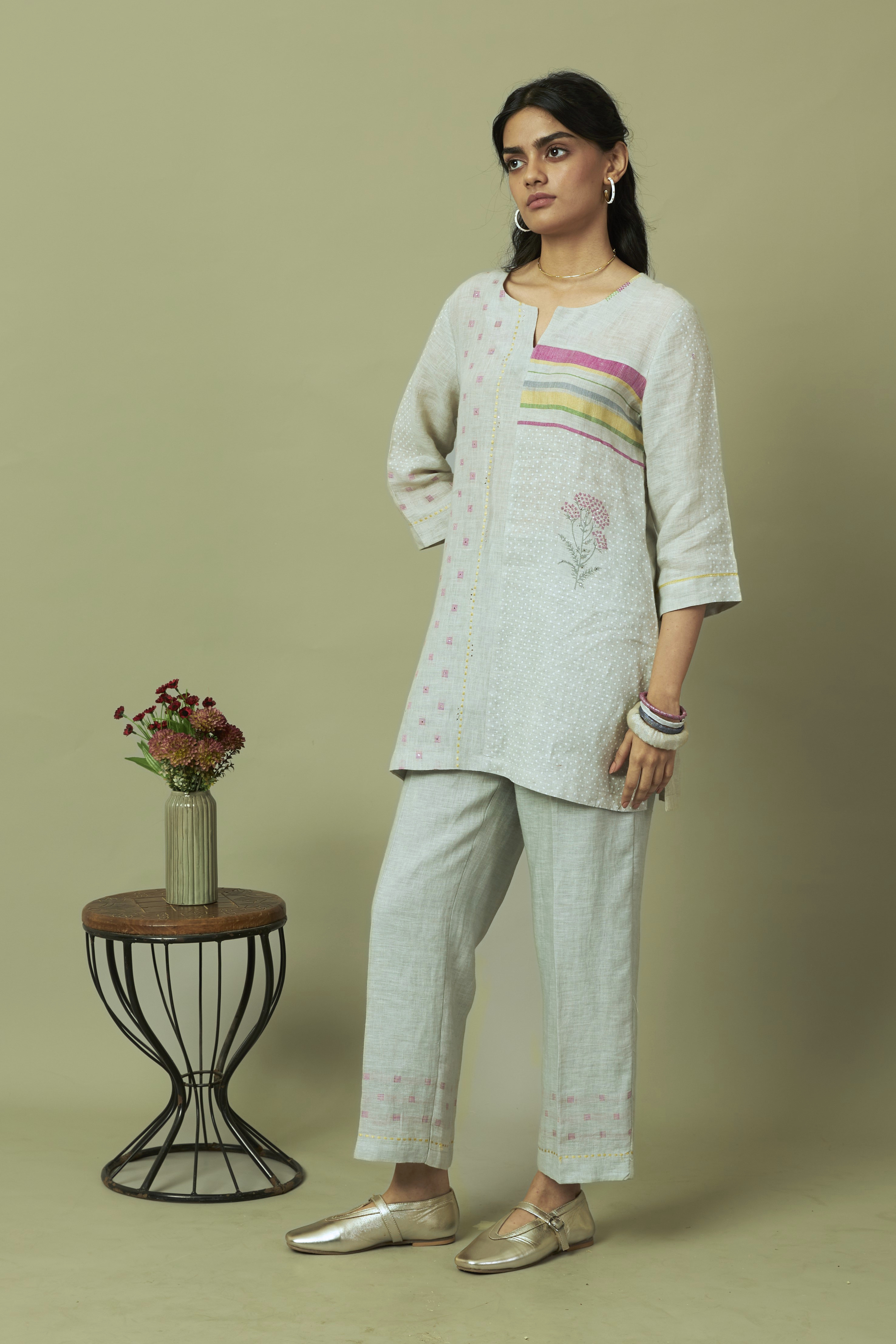 Green Block Print 100% Linen Coord Set with Multi-Stripe Panel