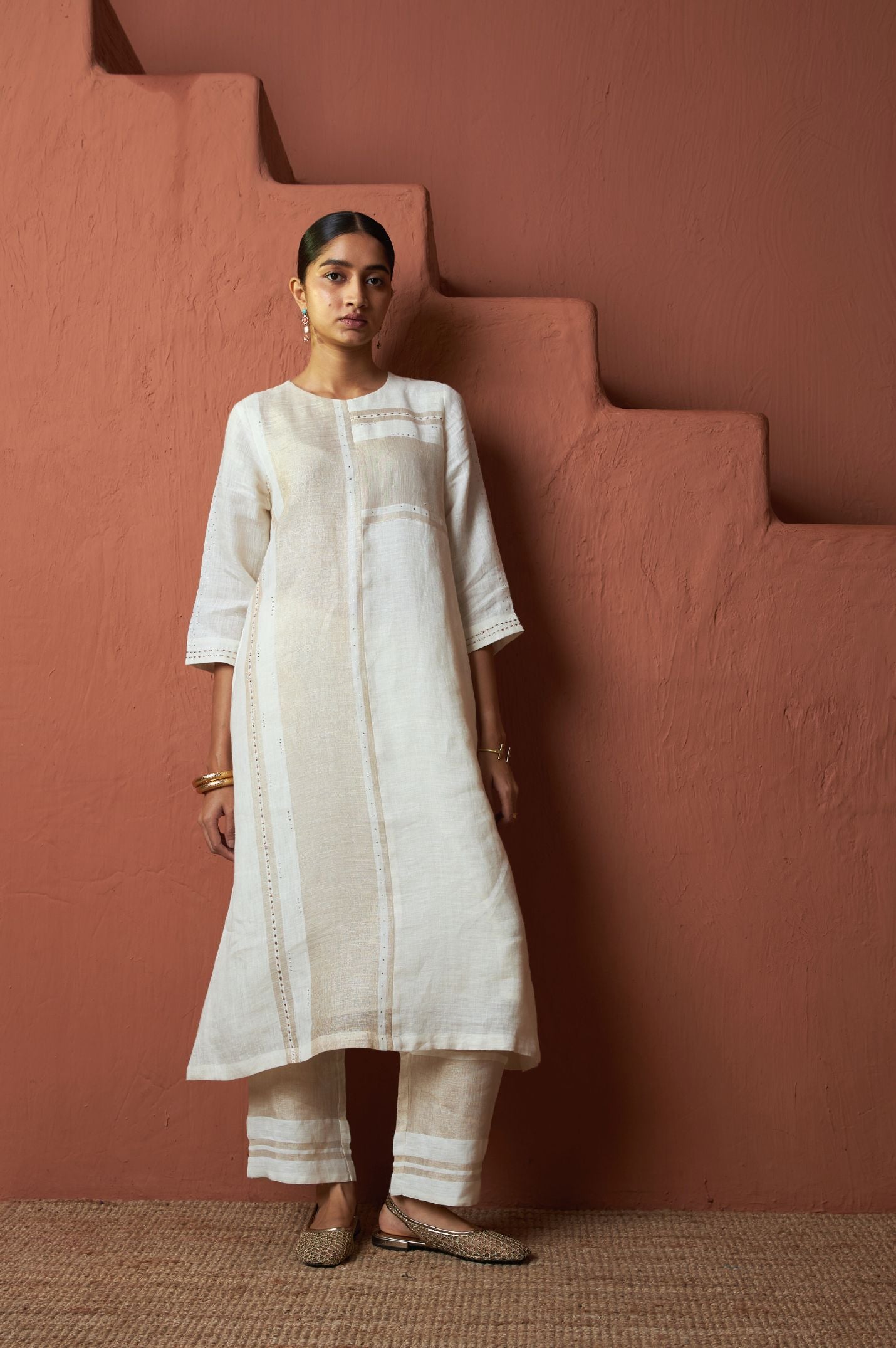 Off white Copper Zari Linen Long Kurta Set with Badla | Oregano
