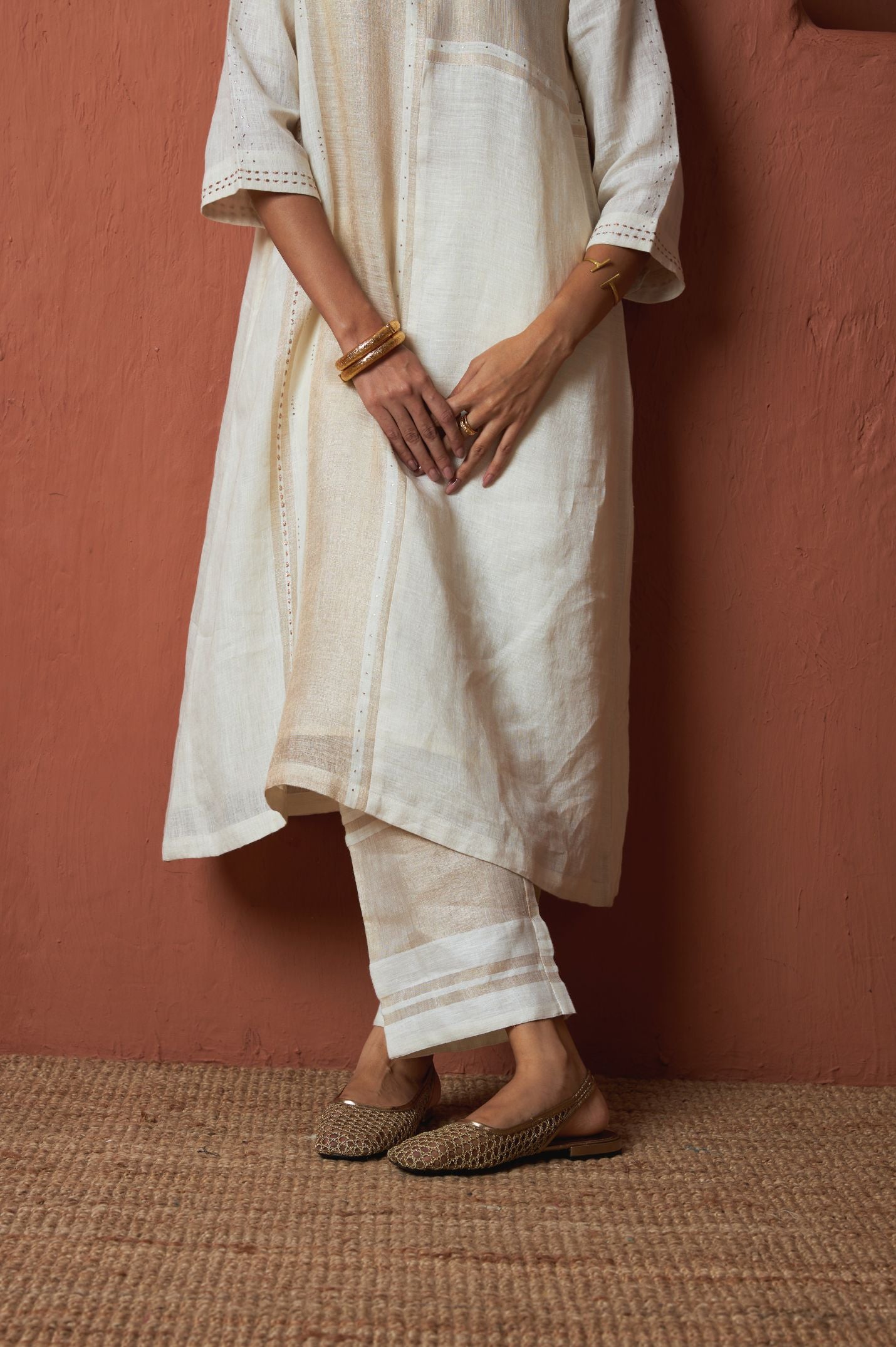 Copper Zari Linen Long Kurta Set with Badla | Oregano