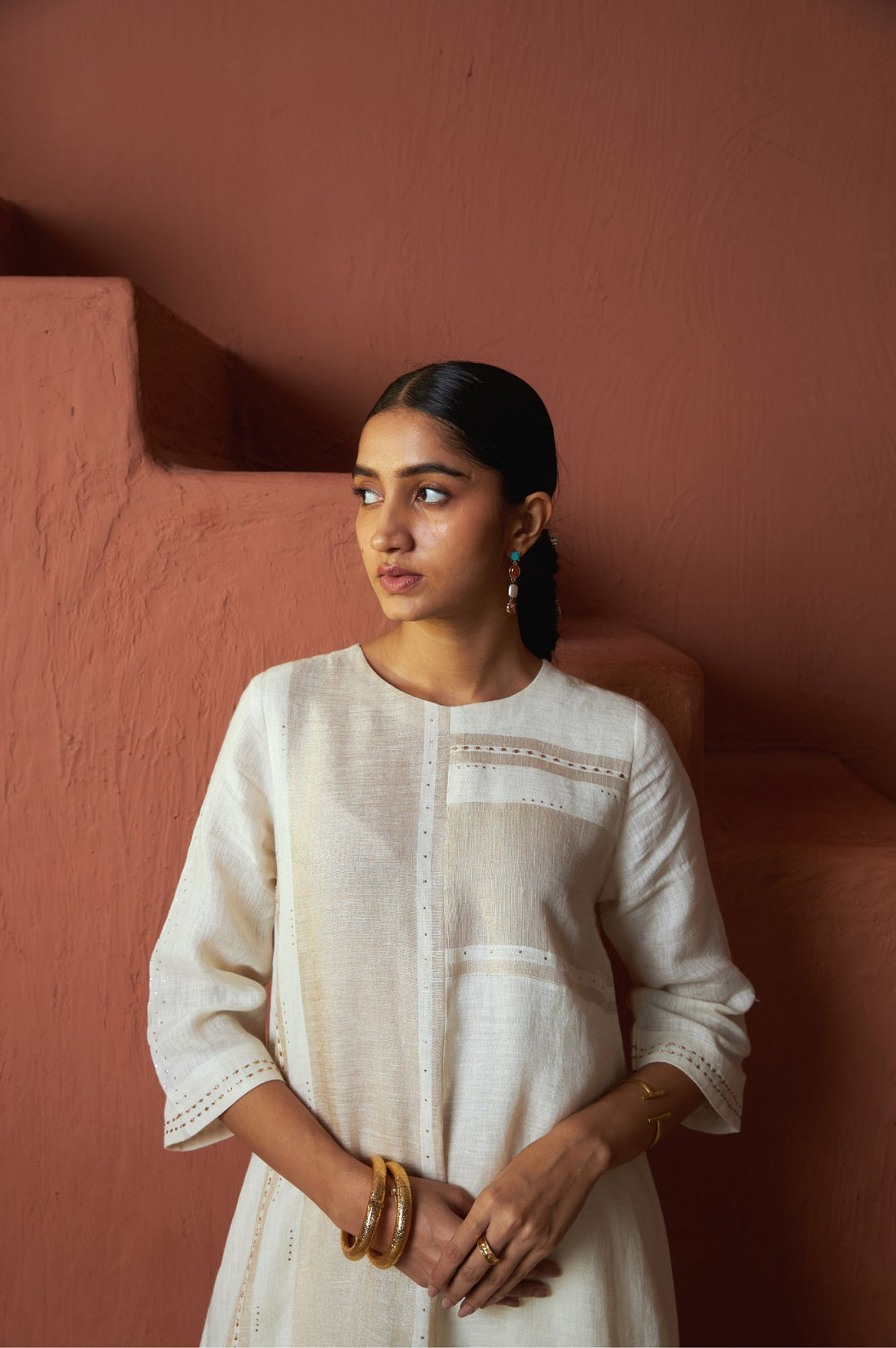 Copper Zari Linen Long Kurta Set with Badla