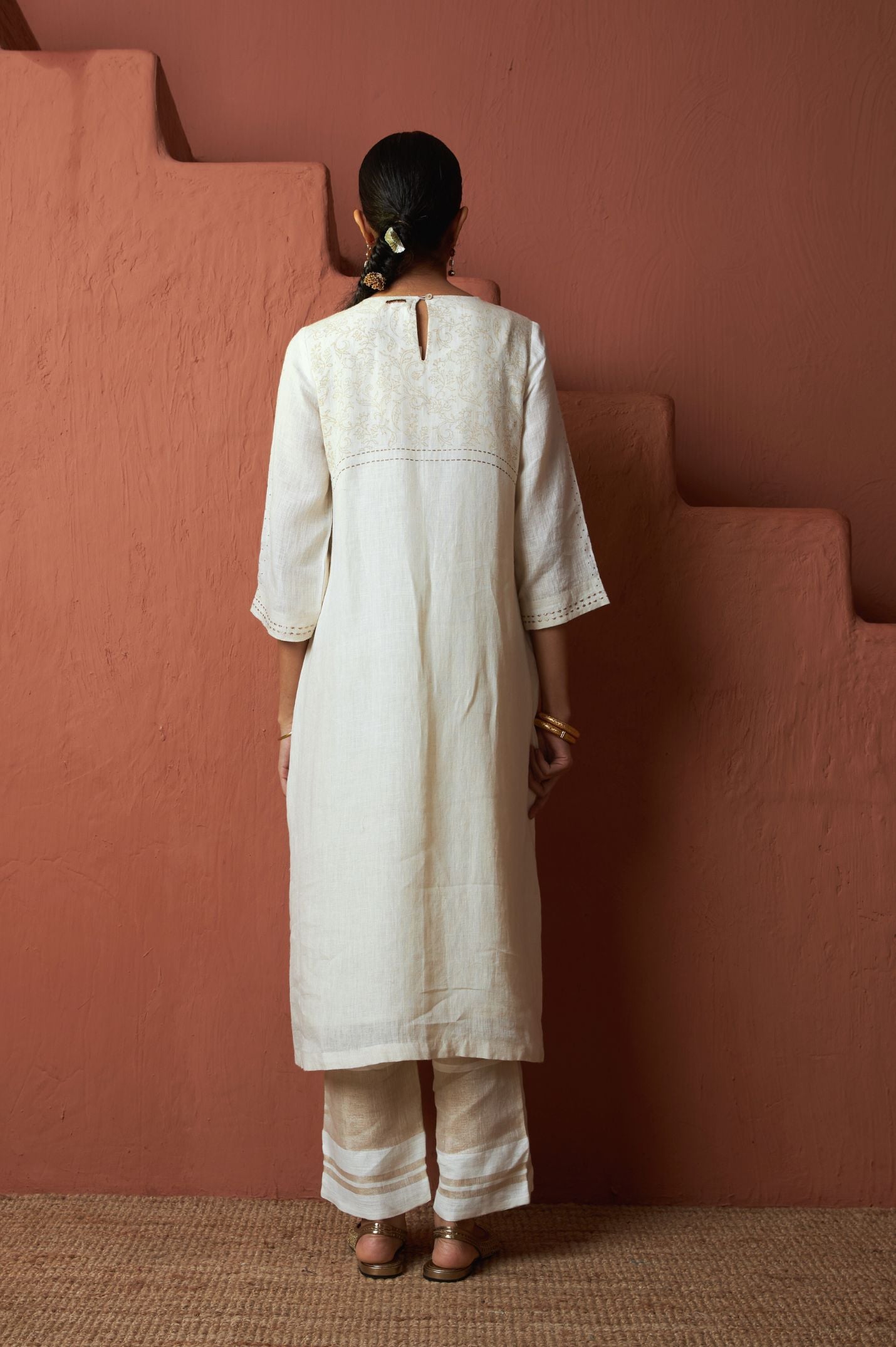 Copper Zari Linen Long Kurta Set with Badla | Oregano