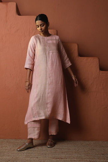 Pink Zari Linen Set with Badla