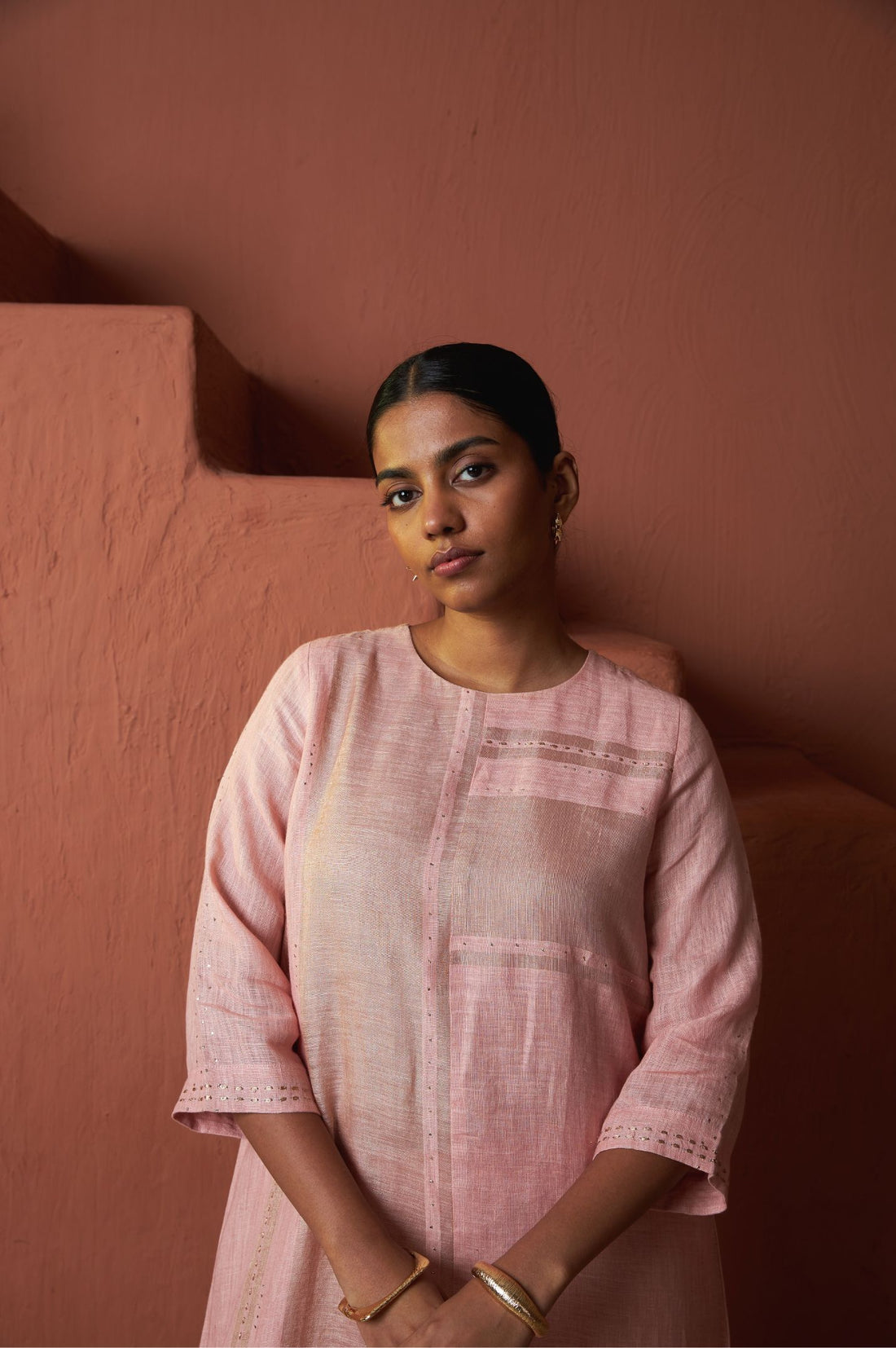 Pink Zari Linen Set with Badla