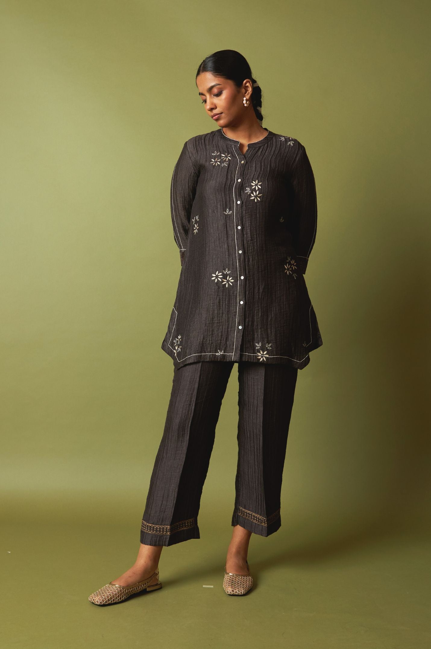 Coffee Textured Silk Linen Embroidered Set | Oregano