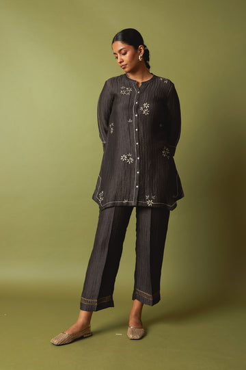 Coffee Textured Silk Linen Embroidered Set | Oregano