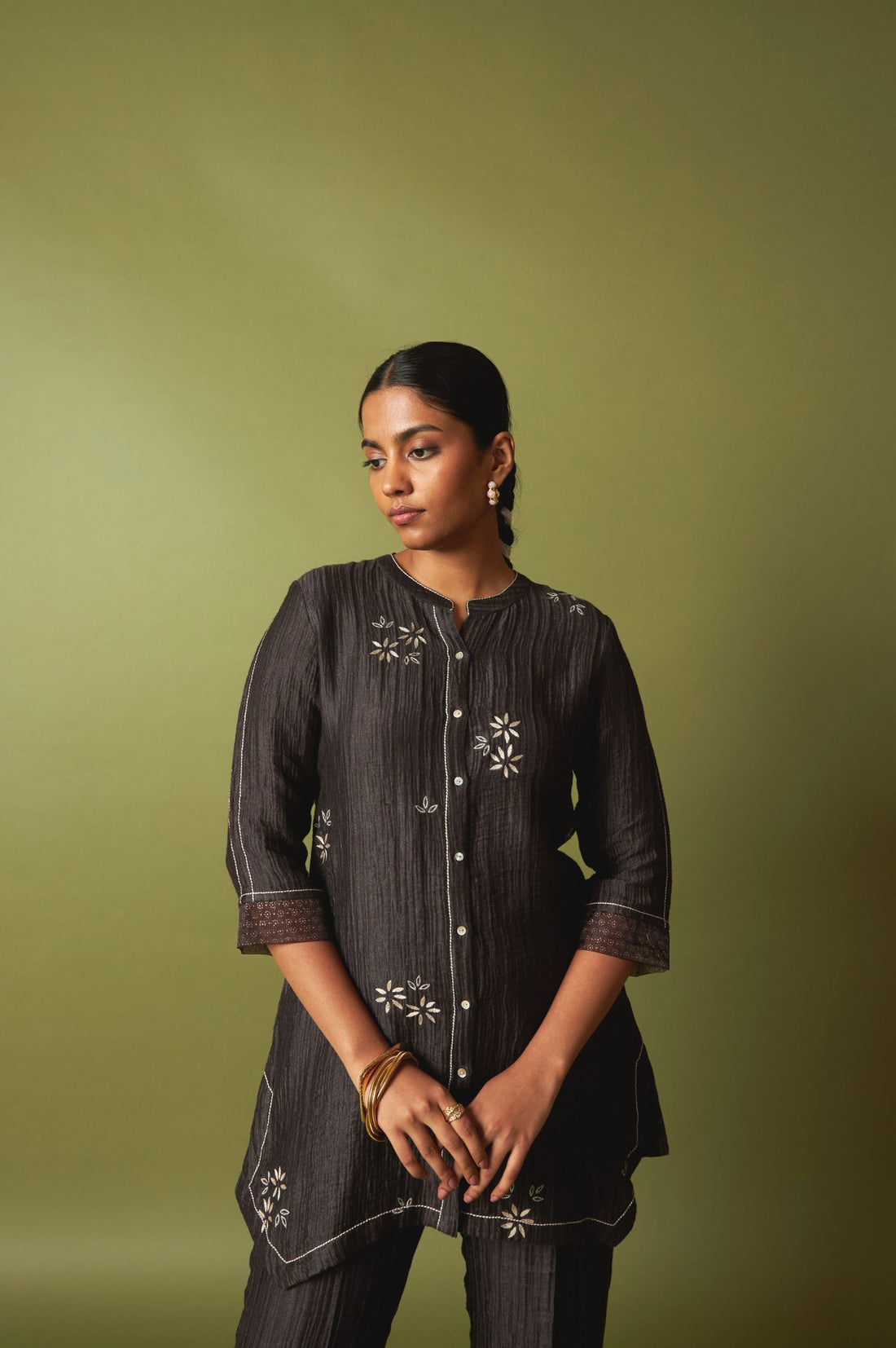 Coffee Textured Silk Linen Embroidered Set