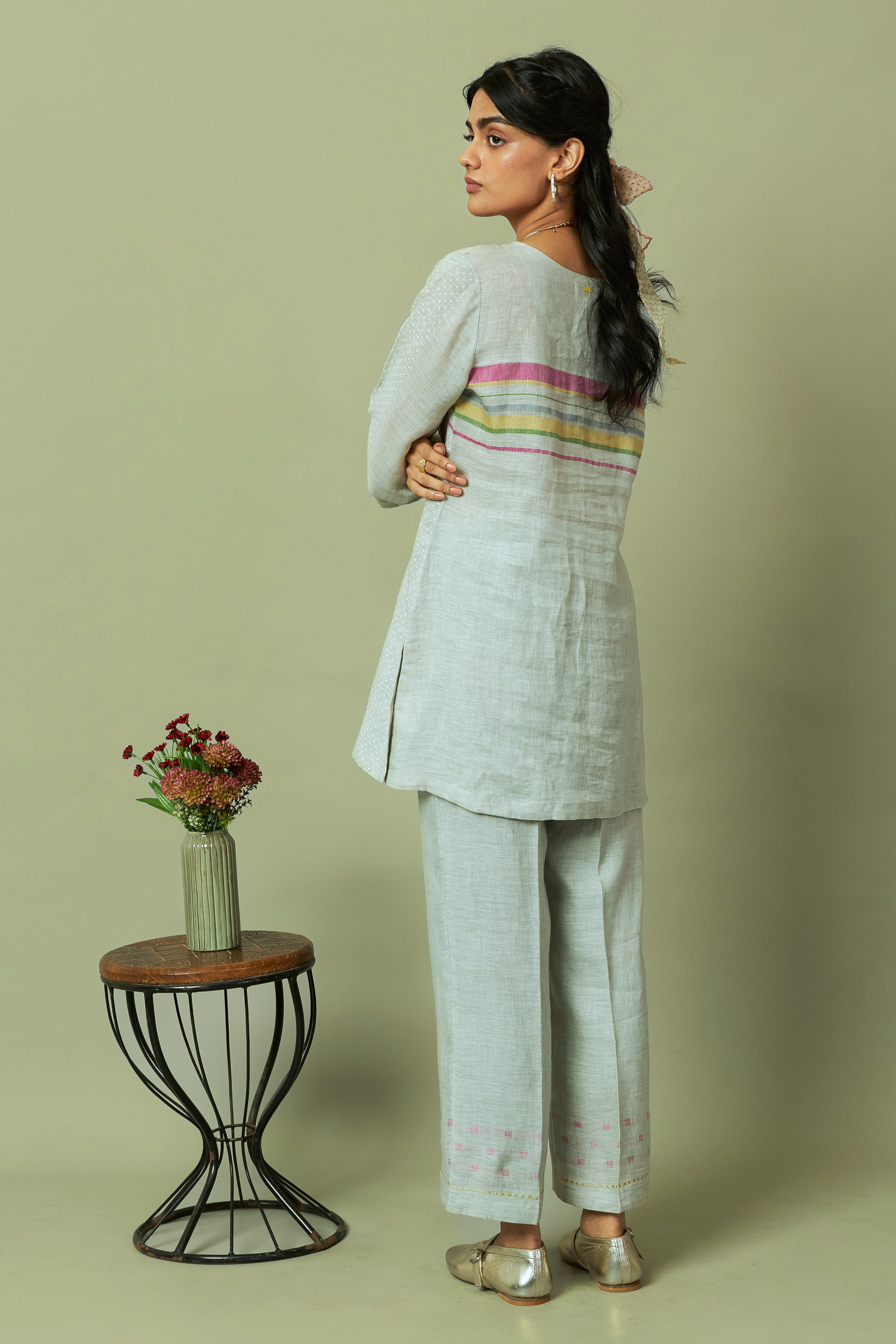 Green Block Print 100% Linen Coord Set with Multi-Stripe Panel