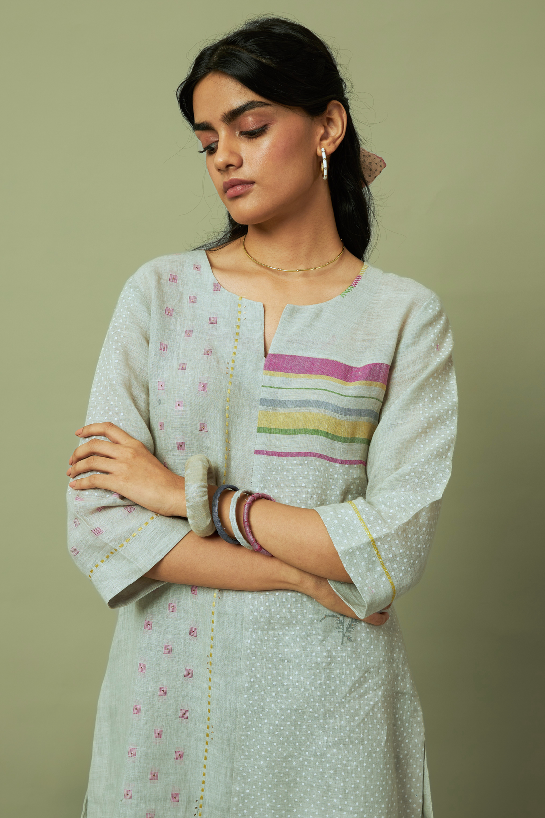 Grey Block Print 100% Linen Coord Set with Multi-Stripe Panel