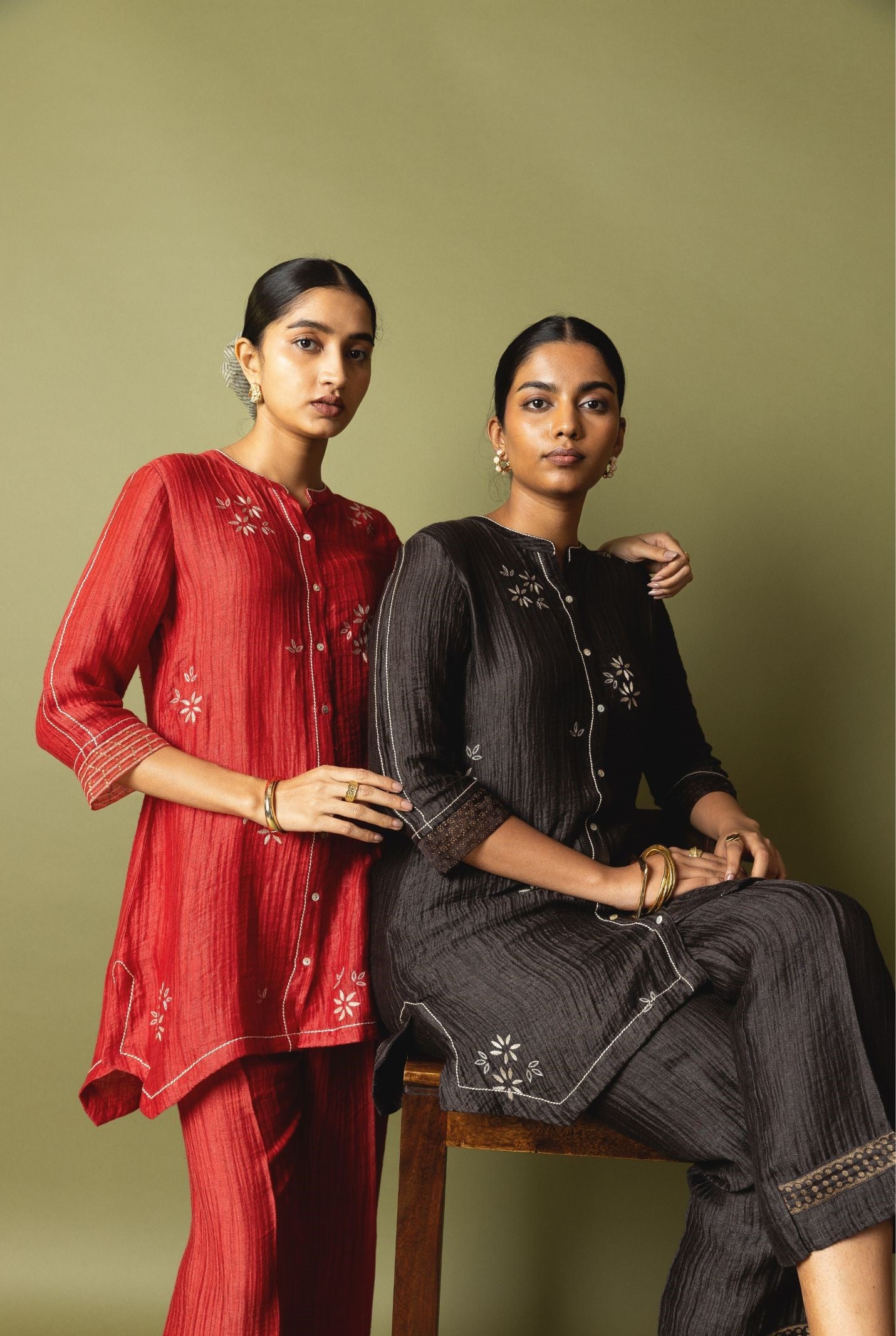 Red Textured Silk Linen Embroidered Set