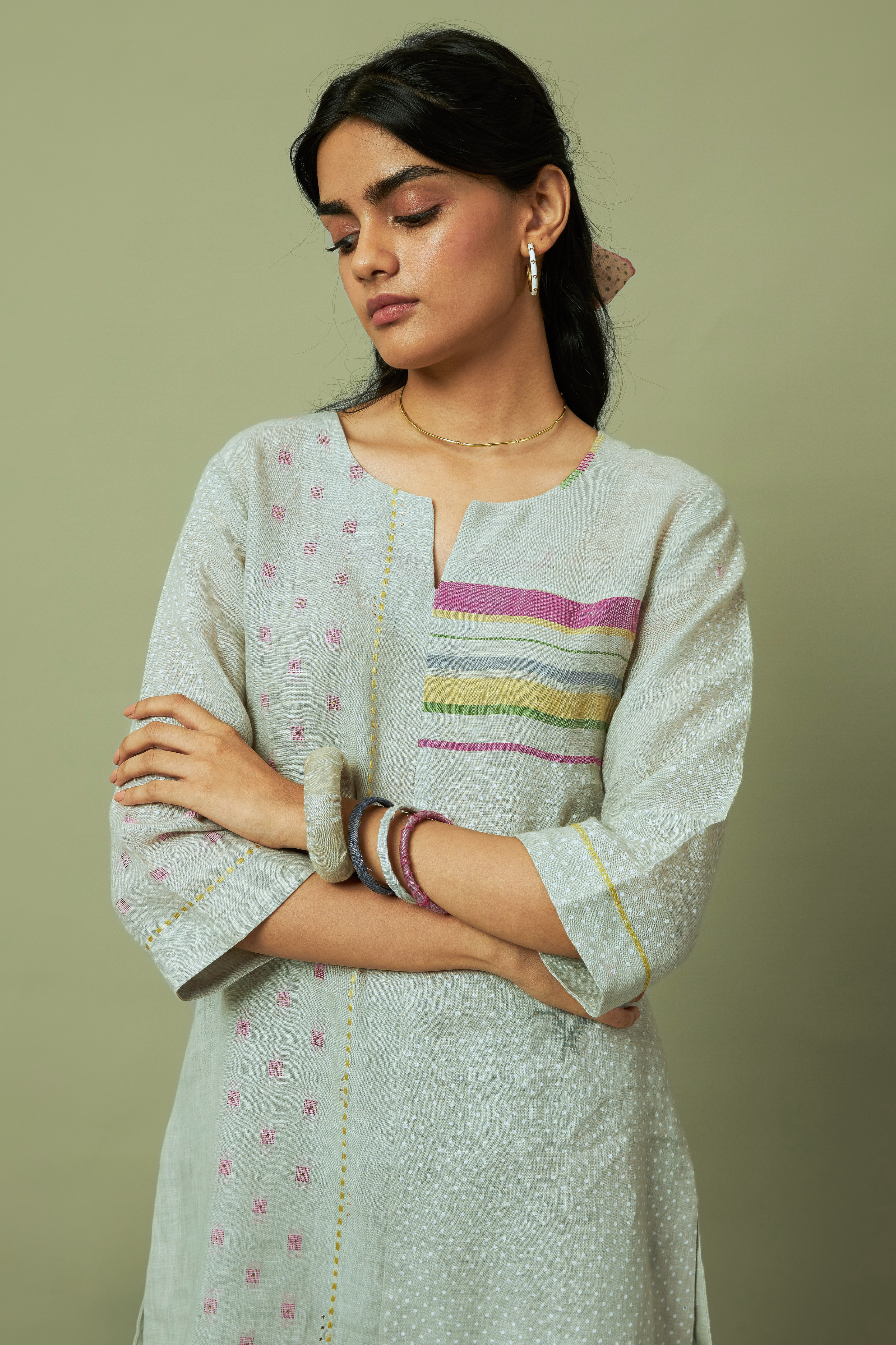 Green Block Print 100% Linen Coord Set with Multi-Stripe Panel