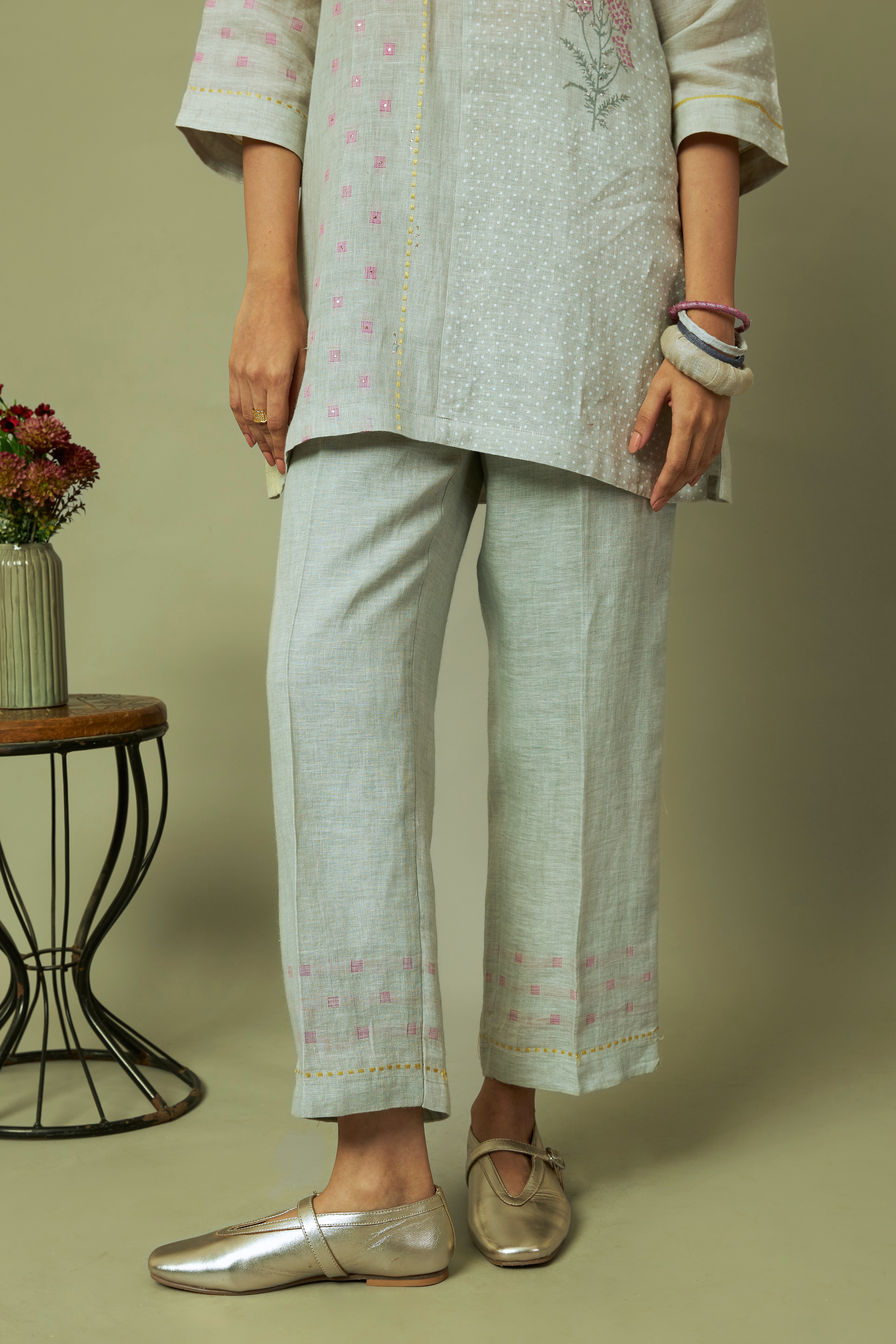 Green Block Print 100% Linen Coord Set with Multi-Stripe Panel