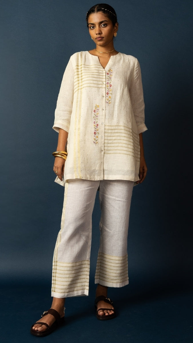 White Linen Zari Embroidered Set