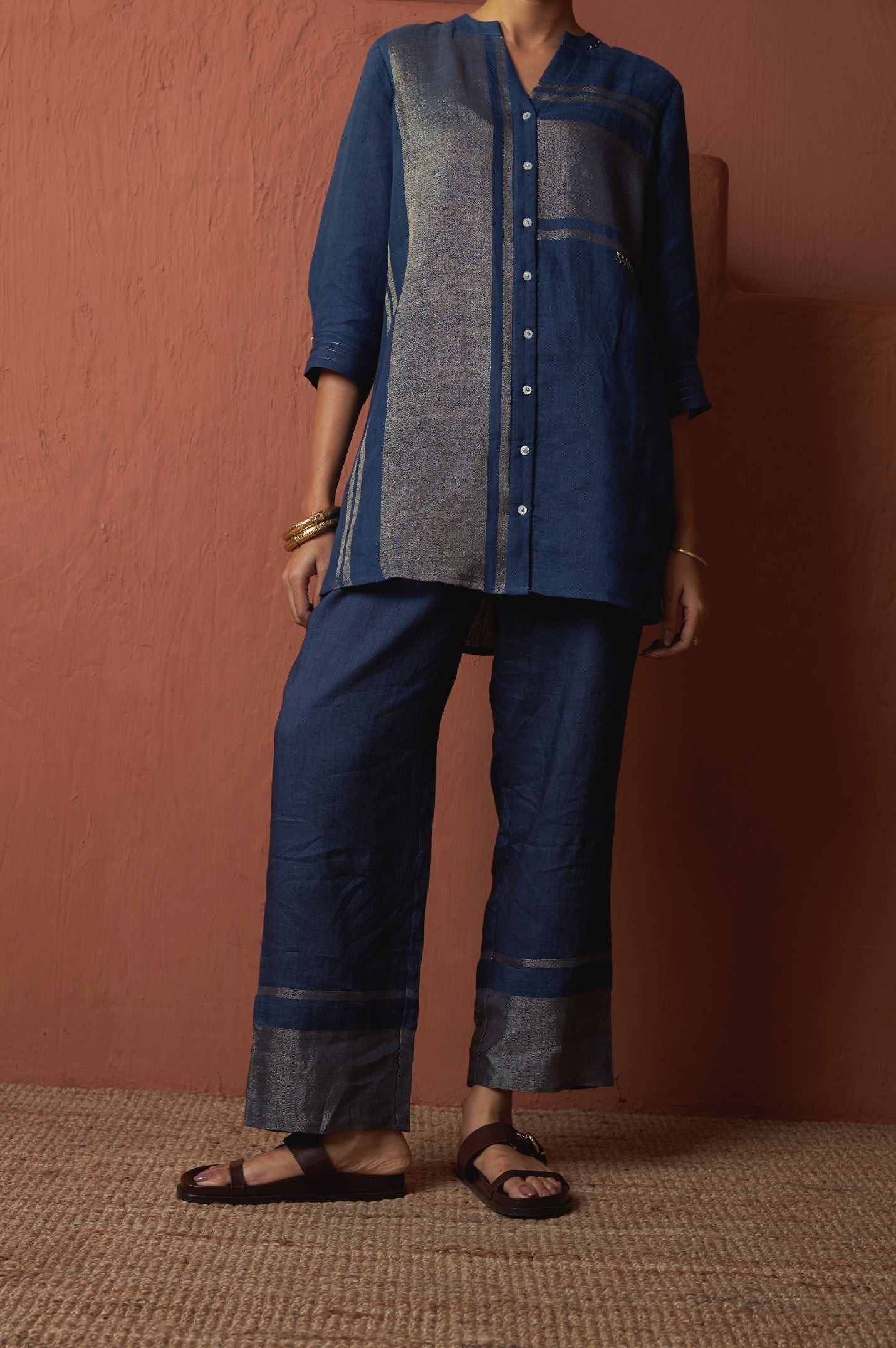 Navy Linen Zari Set