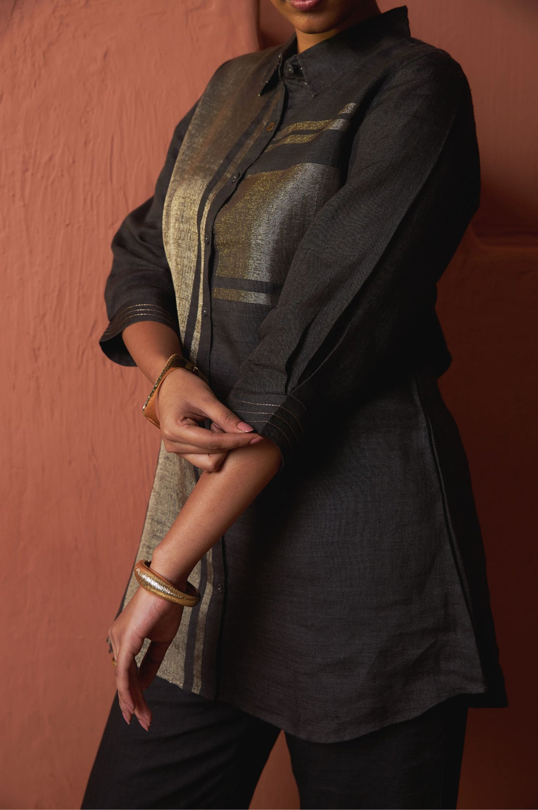 Coffee Linen Zari Collar Set