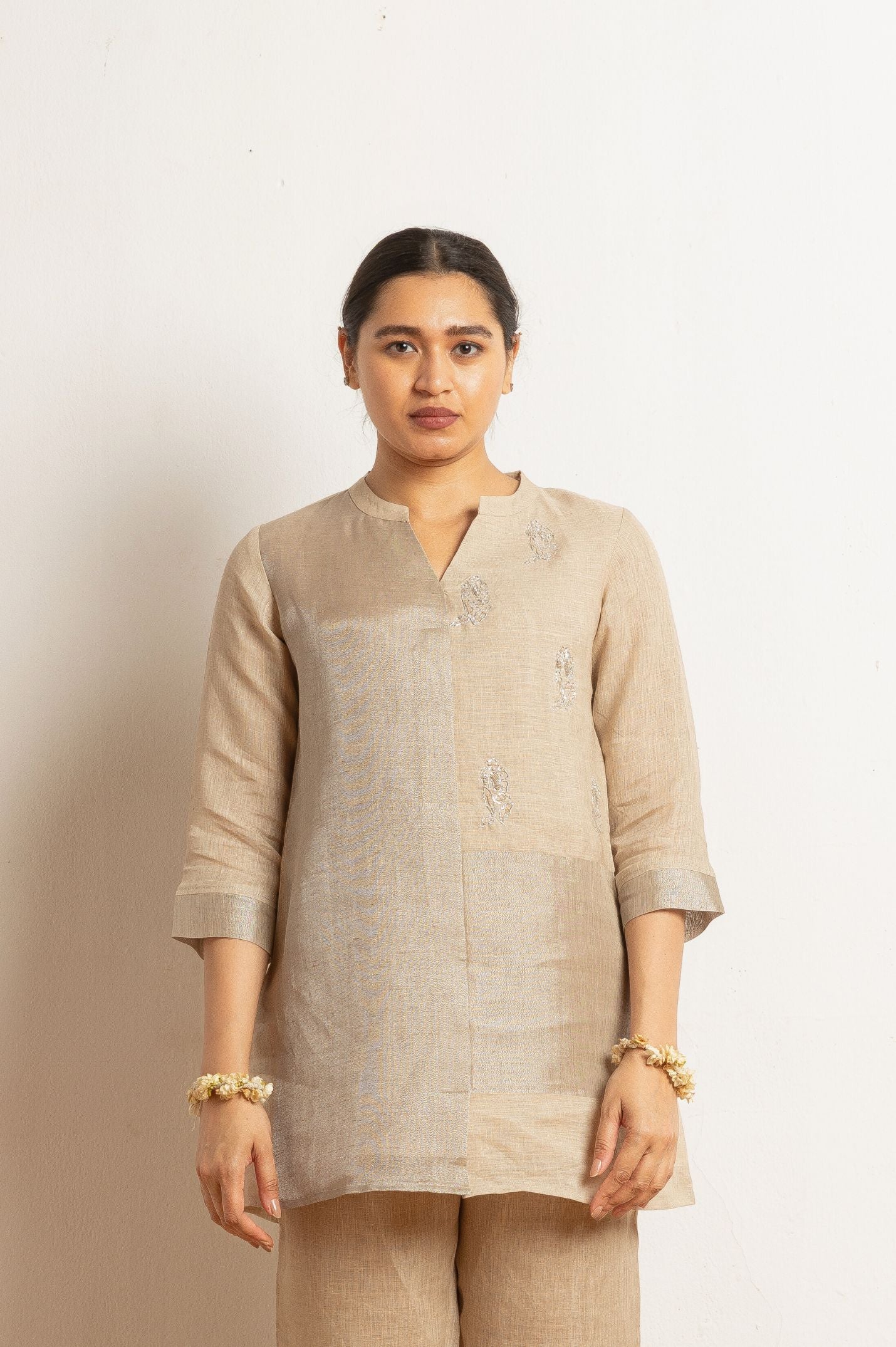 Yellow Hand Work Linen Zari Set