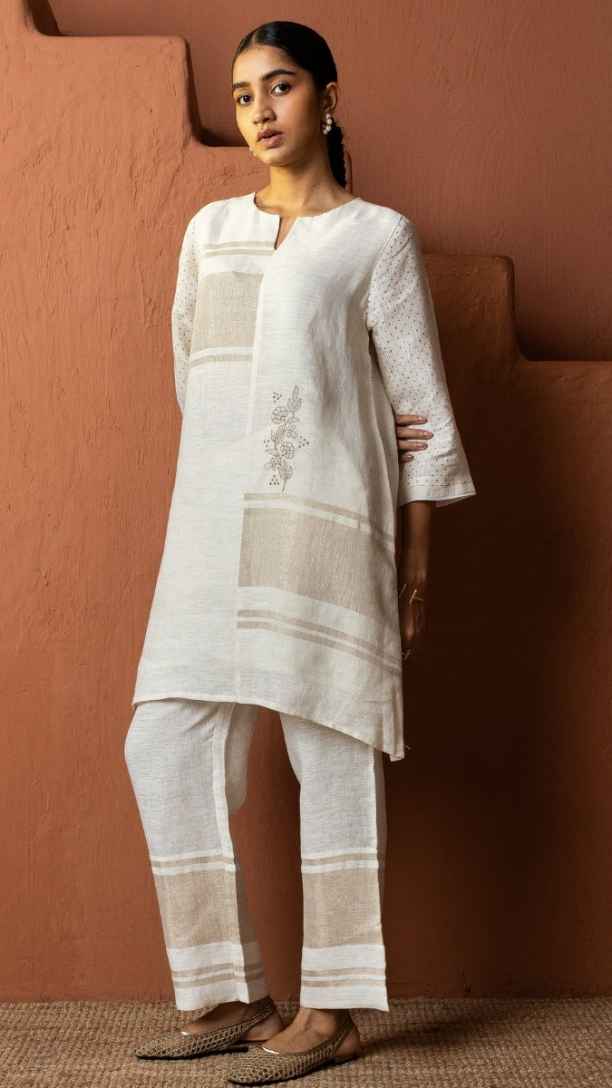 Offwhite Linen Zari Block Embroidered Set
