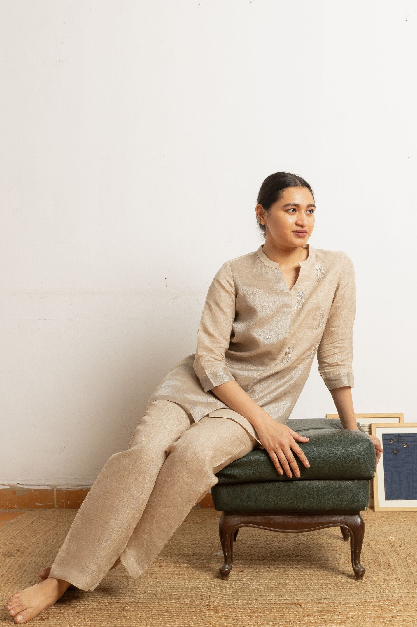 Khakhi Hand Work Linen Zari Set | Oregano