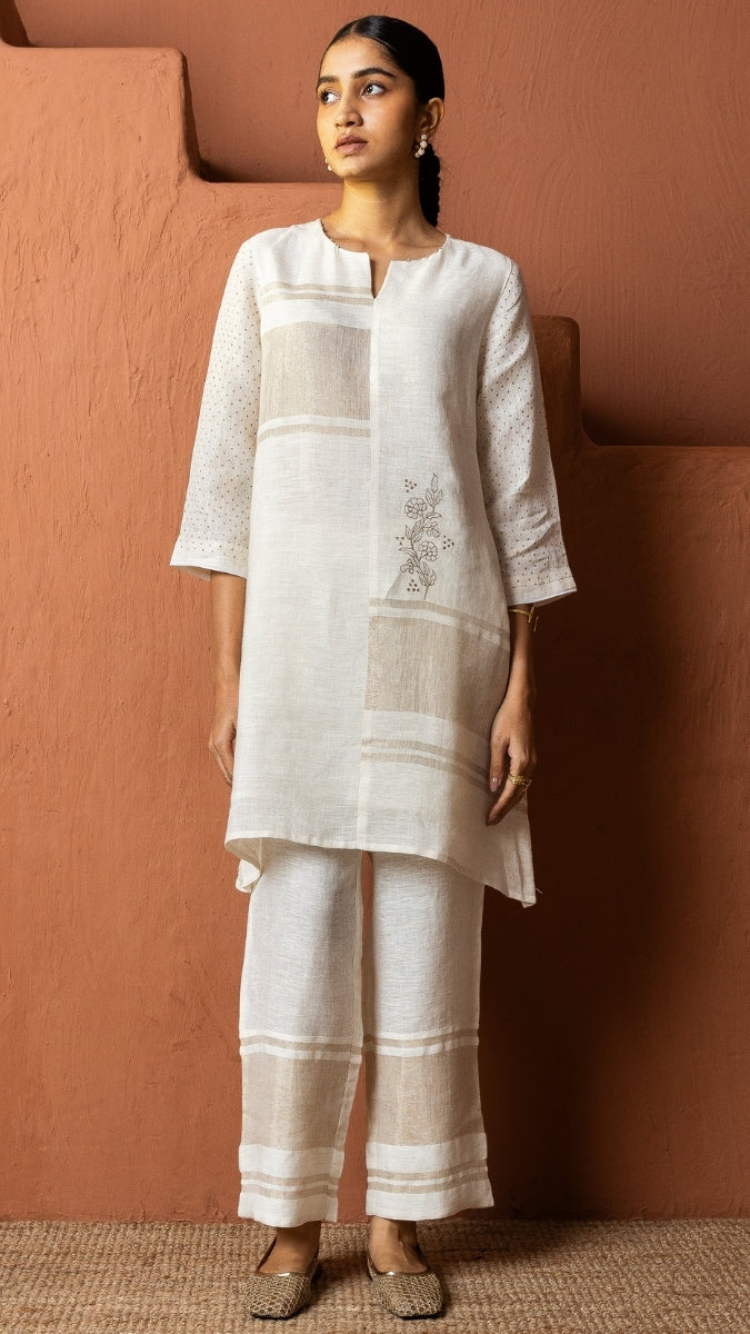 Offwhite Linen Zari Block Embroidered Set