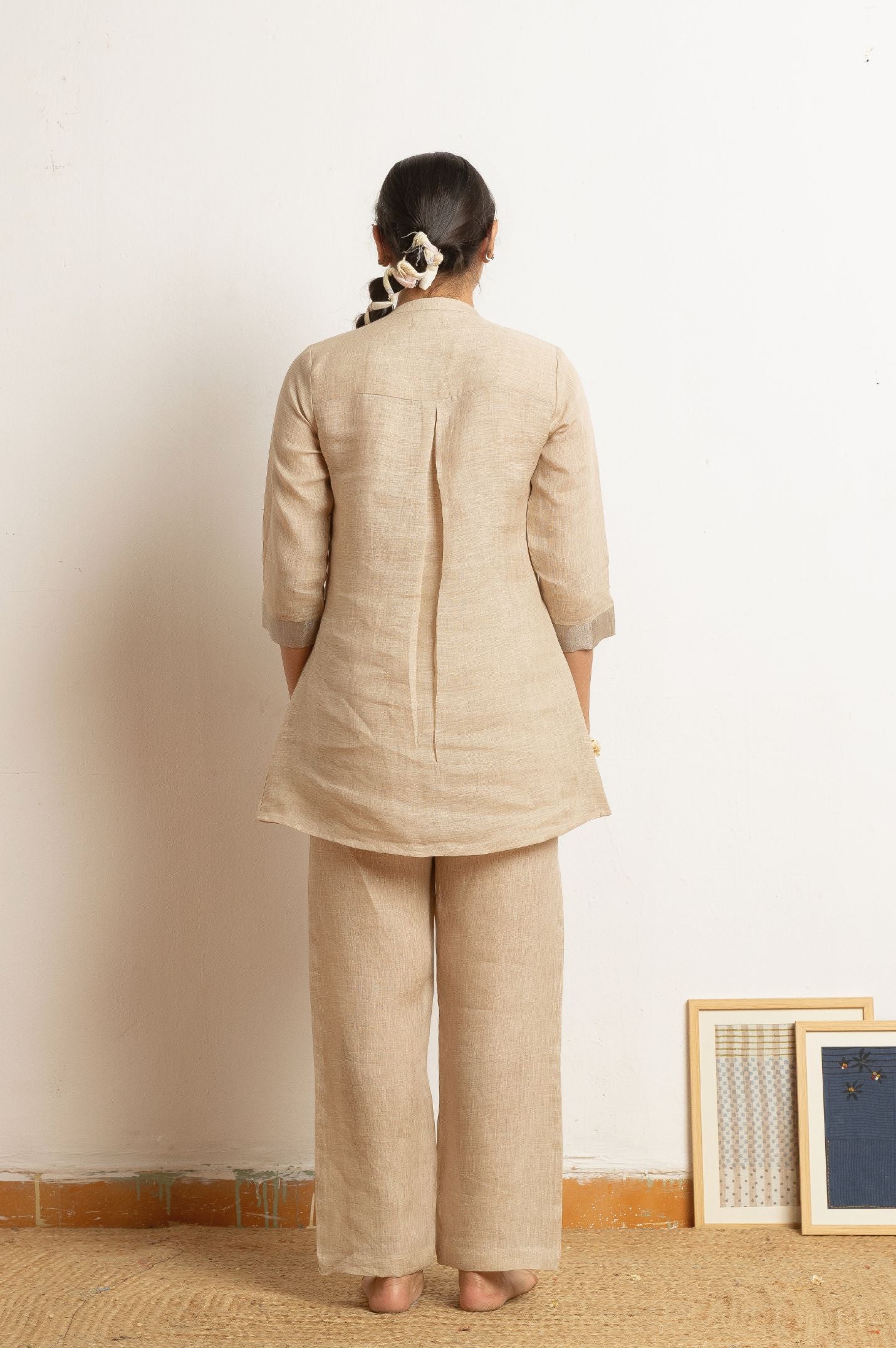 Yellow Hand Work Linen Zari Set