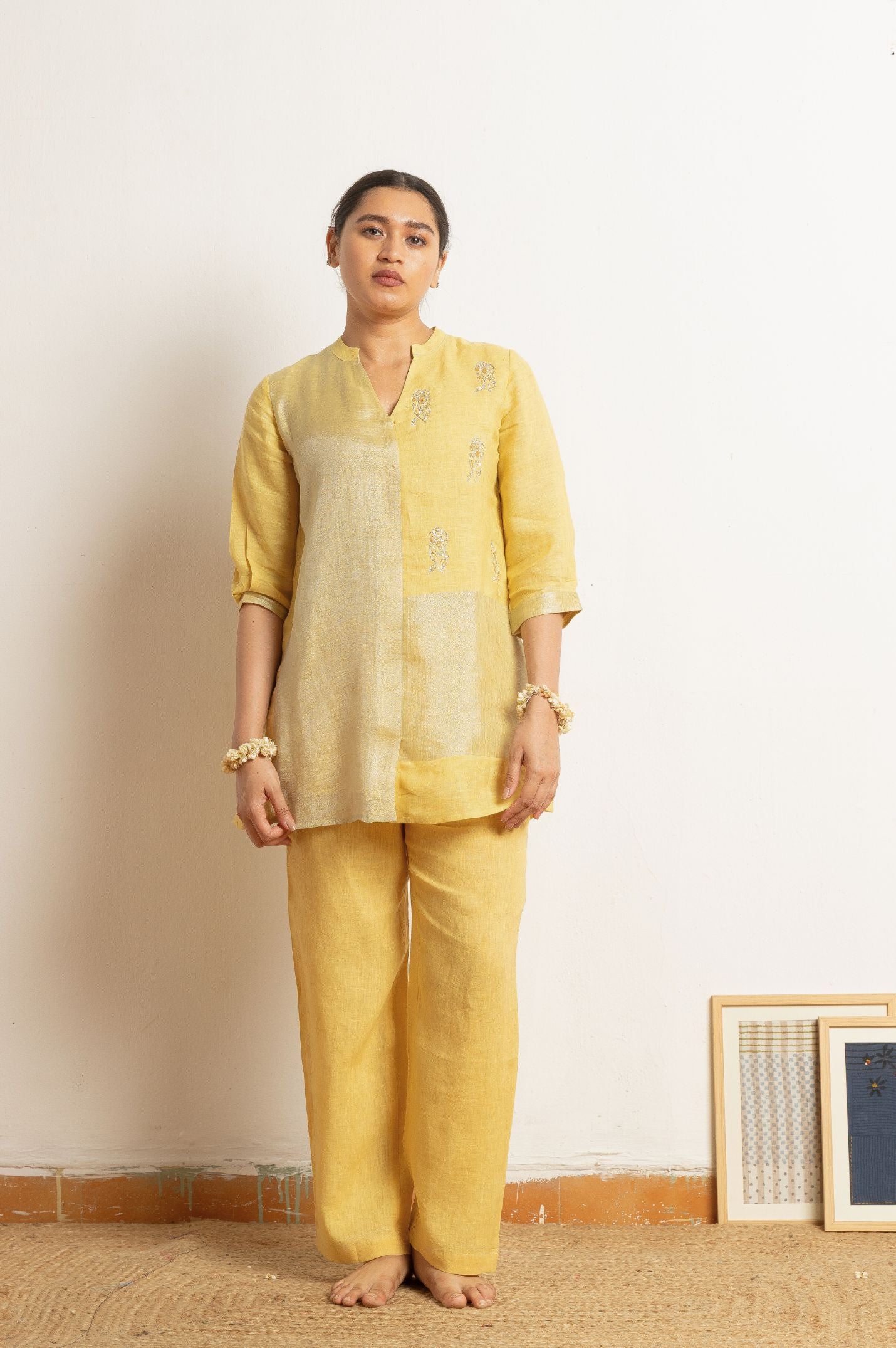 Yellow Hand Work Linen Zari Set | Oregano